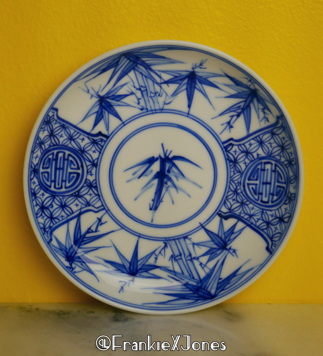 Hand Painted Bamboo + Eternal Life Symbol Designed Porcelain Plates ✤ Bat Trang Vietnam ✤ Set of 8